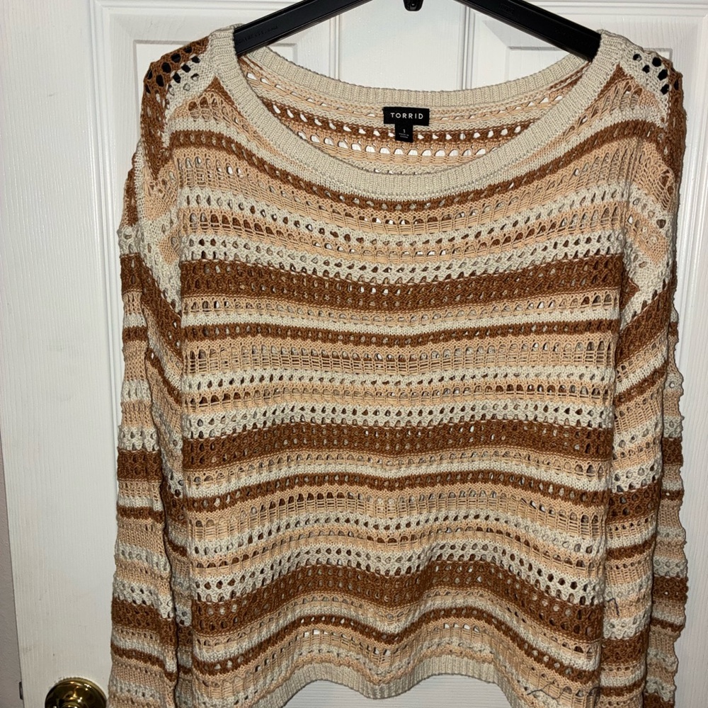 Torrid Women's Open-Knit Striped Sweater - Brown and Cream